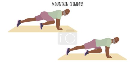 Ilustración de Hombre mayor haciendo ejercicio de escaladores de montaña. Estilo de vida activo. Ilustración vectorial plana - Imagen libre de derechos