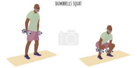 Illustration for Senior man doing dumbbell squat exercise. Active lifestyle. Flat vector illustration - Royalty Free Image