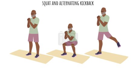 Illustration for Senior man doing squat and alternating kickback exercise. Active lifestyle. Flat vector illustration - Royalty Free Image