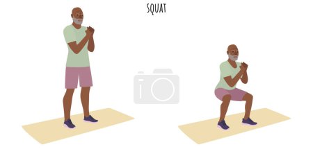 Ilustración de Hombre mayor haciendo ejercicio en cuclillas. Estilo de vida activo. Ilustración vectorial plana - Imagen libre de derechos