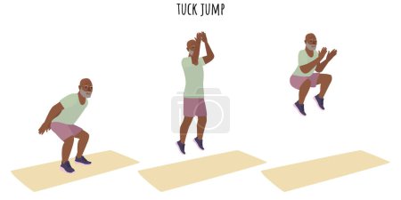 Ilustración de Hombre mayor haciendo ejercicio de salto. Estilo de vida activo. Ilustración vectorial plana - Imagen libre de derechos