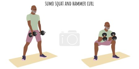 Ilustración de Hombre mayor haciendo ejercicio de sumo squat y curl de martillo. Estilo de vida activo. Ilustración vectorial plana - Imagen libre de derechos