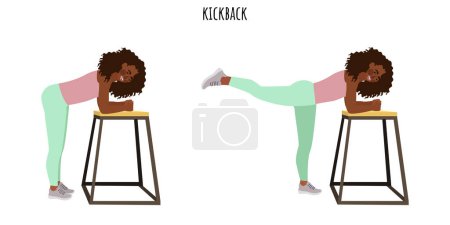 Illustration for Young woman doing kickback exercise. Feminism, self acceptance and liberty. Active lifestyle. Sport, wellness, workout, fitness. Flat vector illustration - Royalty Free Image