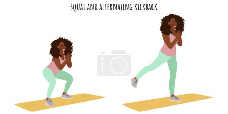 Illustration for Young woman doing squat and alternating kickback exercise. Feminism, self acceptance and liberty. Active lifestyle. Sport, wellness, workout, fitness. Flat vector illustration - Royalty Free Image