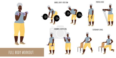 Illustration for Senior woman doing full body workout. Workout Set. Feminism, self acceptance and liberty. Woman active lifestyle. Sport, wellness. Women workout, fitness. Flat vector illustration - Royalty Free Image