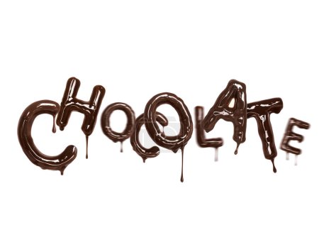 Téléchargez les photos : Le mot chocolat avec des gouttes est fait de chocolat fondu sur un fond blanc - en image libre de droit