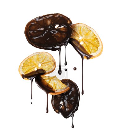 Photo for Dried oranges poured with melted chocolate in the air - Royalty Free Image