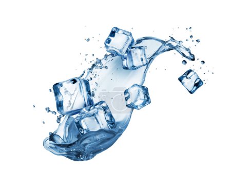 Splash of fresh water with ice cubes isolated on a white background