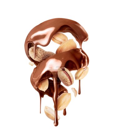 Geschmolzene Schokolade in verdrehter Form mit Erdnuss-Nahaufnahme isoliert auf weißem Hintergrund