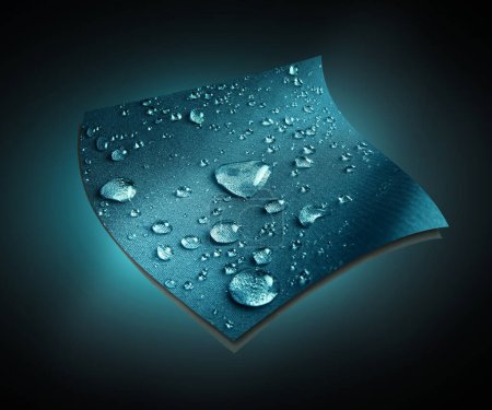 Photo for Raindrops on blue technological waterproof and breathable fabric on black background - Royalty Free Image