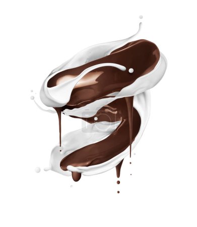 Salpicaduras de chocolate y leche en forma de remolino sobre un fondo blanco