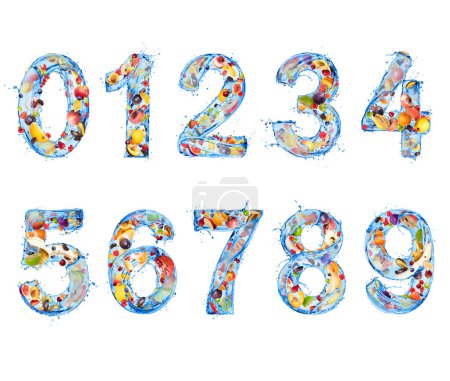 Numbers are made of water splashes and different fruits and berries