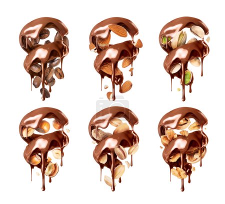 Ensemble de diverses noix en spirale de chocolat isolé sur fond blanc