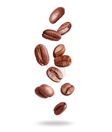Falling coffee beans close up isolated on a white background