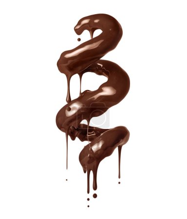Photo for Chocolate spiral with dripping drops isolated on white background. Hot chocolate in twisted shape - Royalty Free Image
