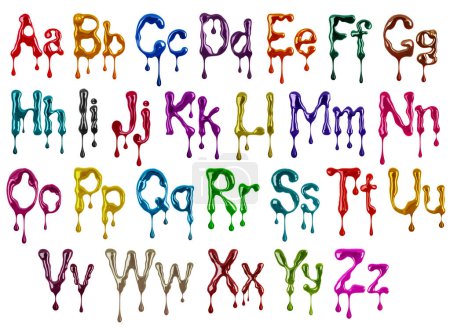Photo for Colorful glossy large and small latin letters with dripping drops drawn with paint on a white background - Royalty Free Image