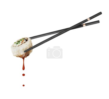 Drops of soy sauce dripping from a sushi roll sandwiched between two chopsticks on a white background