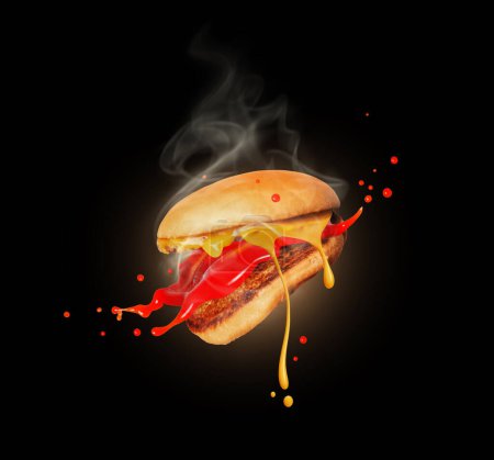 Spritzer Ketchup und geschmolzener Käse fließen aus einem heißen Cheeseburger isoliert auf schwarzem Hintergrund