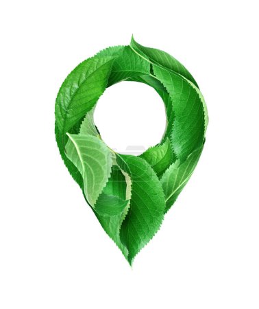 Photo for Location symbol made of green leaves isolated on a white background - Royalty Free Image