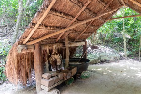 Foto de Cabaña en medio de una selva tropical llena de vegetación en el parque Xcaret de la Riviera Maya en México, este es un lugar ideal para ir de vacaciones. - Imagen libre de derechos