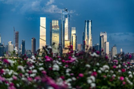 Foto de Maravilloso mirador con flores para disfrutar del maravilloso horizonte en el fondo con los rascacielos de Manhattan, Nueva York (Estados Unidos)). - Imagen libre de derechos