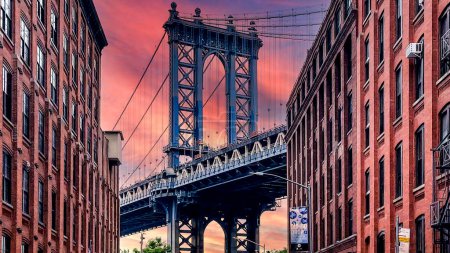 Photo for New York, USA; January 6, 2024: Dumbo is a trendy Brooklyn neighborhood with cobblestone streets and picturesque views of the Manhattan skyline and bridge. - Royalty Free Image