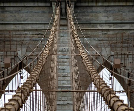 Photo for Central part of the Brooklyn Suspension Bridge linking the boroughs of Manhattan and Brooklyn in New York City (USA), the largest suspension bridge in the world until 1889. - Royalty Free Image