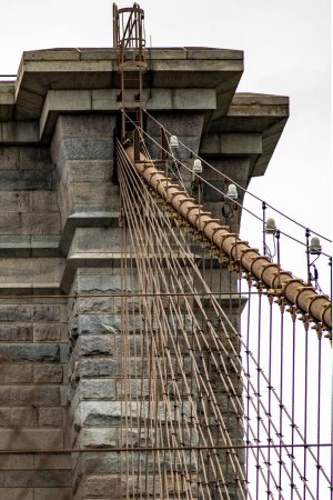 Photo for Right side of the Brooklyn Bridge linking the boroughs of Manhattan and Brooklyn in New York City (USA). It was the largest suspension bridge in the world, a record span until 1889. - Royalty Free Image