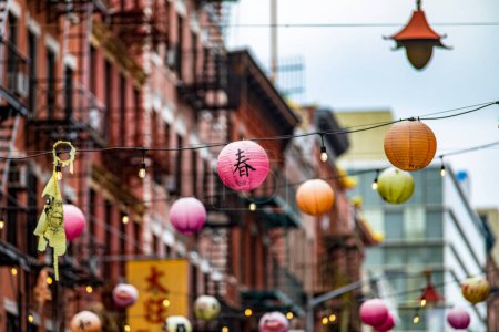 Photo for Chinese red lanterns in the Chinatown neighborhood of New York City (USA), its festive decoration for the Chinese New Year and cultural celebration. - Royalty Free Image
