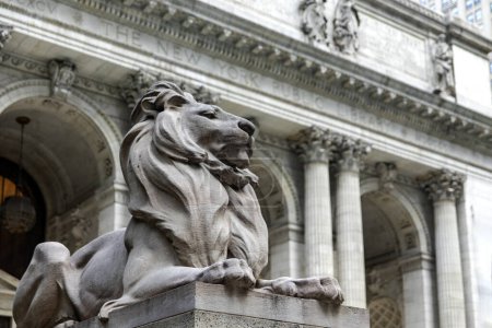 Téléchargez les photos : New York, États-Unis ; 4 juin 2023 : Patience le lion de marbre qui garde la bibliothèque de New York, qui contient un grand nombre de livres et a servi de cadre pour des films. - en image libre de droit