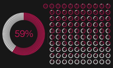 Illustration for Set of Percentage Meter for Report Progress, Icon loader 0 to 100, 5, 10, 15, 20, 25, 30, 35, 40, 45, 50, 55, 60, 65, 70, 75, 80, 85, 90, 95, 100, Black Pink Loader Indicator Vector - Royalty Free Image
