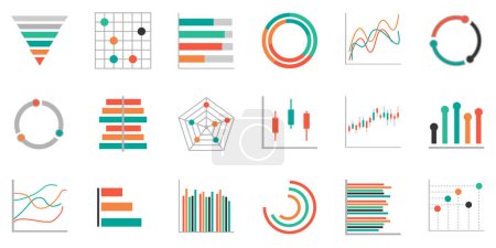Ilustración de Conjunto de icono gráfico de negocios, Color objeto estadísticas finanzas presentación, plana éxito informe símbolo vector. - Imagen libre de derechos