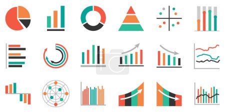 Ilustración de Conjunto de icono de gráfico de negocios, Color objeto estadísticas presentación financiera, vector de símbolo de informe de éxito plano. 640x640 píxeles - Imagen libre de derechos