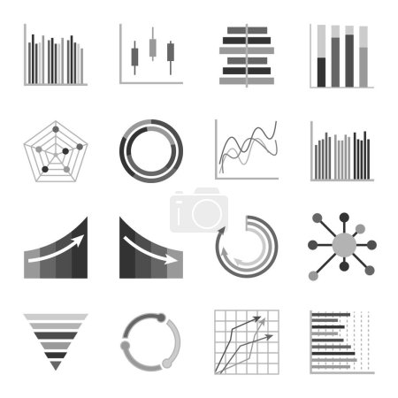 Ilustración de Conjunto de negocio icono gráfico, Símbolo objeto estadísticas finanzas presentación, plana éxito informe símbolo vector. - Imagen libre de derechos