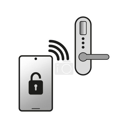 Smart-Schloss-Symbol, Telefonschlüssel zum Entriegeln der Tür und Öffnen, automatisches elektronisches Öffnen, Gerät mit digitalem Zugang. Vektorillustration. Aktienbild. EPS 10.