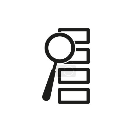 Search in data stack. Magnifying glass on documents. Analysis and research icon. Vector illustration. EPS 10. Stock image.