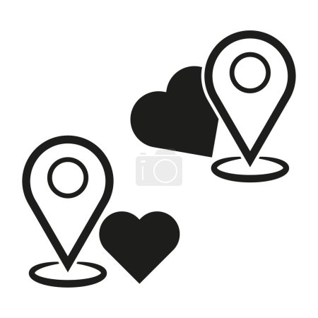 Location pins and heart, map navigation. Love travel symbol. Vector illustration. EPS 10. Stock image.