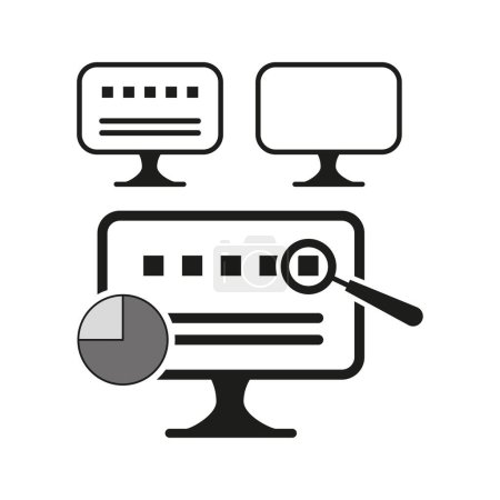 Data analysis on monitors. Search magnifying glass icon. Digital analytics concept. Vector illustration. EPS 10. Stock image.