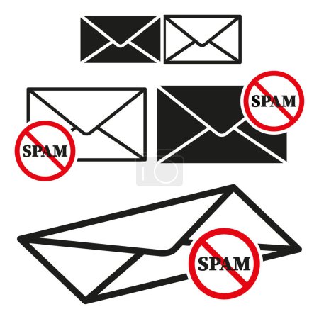Envelopes with red spam stamp. Email security concept. Anti-spam protection symbol. Vector illustration. EPS 10. Stock image.
