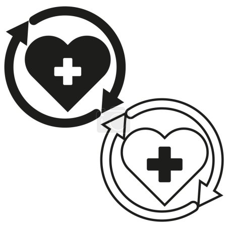 Two icons representing healthcare and recycling with heart and cross symbol enclosed by arrows. Vector illustration. EPS 10. Stock image.