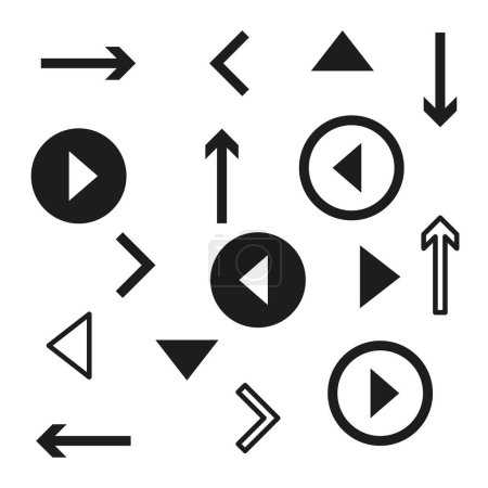 Set von Navigationssymbolen. Pfeile und Play-Tasten für das Design der Benutzeroberfläche. Sammlung richtungsweisender Symbole. Vektorillustration. EPS 10. Archivbild.