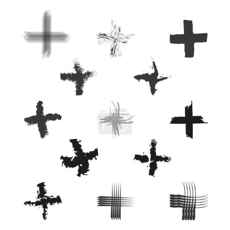 Sortierte Sammlung künstlerischer schwarzer Kreuzsymbole mit verschiedenen Pinselstrichen. Vektorillustration. EPS 10. Archivbild.