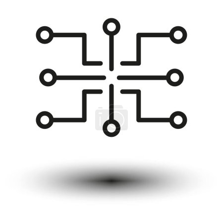 Ein symmetrisches Symbol, das einer digitalen Schaltung oder einem Mikrochip ähnelt, mit Leitungen und Verbindungspunkten. Vektorillustration. EPS 10. Archivbild.