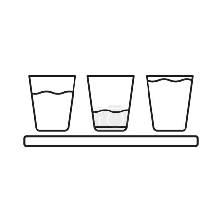 Drei Gläser mit unterschiedlichem Wasserstand. Vergleichskonzept. Volle, halbe und niedrige Messungen. Vektorillustration. EPS 10. Archivbild.