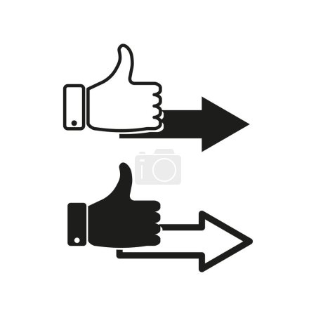 Thumbs up icons with direction arrows. Approval gesture symbols. Positive feedback signs. Like and direction indication. Vector illustration. EPS 10. Stock image.