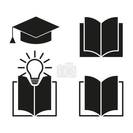 Education and knowledge icons set. Graduation cap, open books, and light bulb inspiration symbol. Learning and idea concept signs. Vector illustration. EPS 10. Stock image.