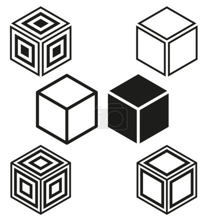 Colección de iconos de cubo. Variaciones geométricas. Conjunto de diseño de objetos 3D. Símbolos de caja abstracta. Ilustración vectorial. EPS 10. Imagen de stock.
