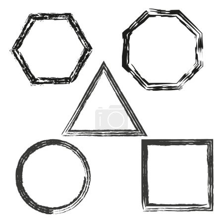 Hand-drawn geometric shapes. Grunge style squares, circle, triangle, hexagon. Sketchy frames collection. Vector illustration. EPS 10. Stock image
