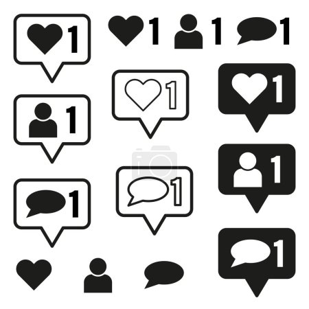 Social media notification icons set. Like, follower, comment symbols. Vector illustration. EPS 10. Stock image.