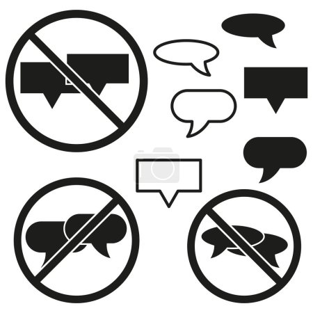 No speech bubbles set. Forbidden chat symbols. Muted conversation icons. Communication restriction signs. Vector illustration. EPS 10. Stock image.